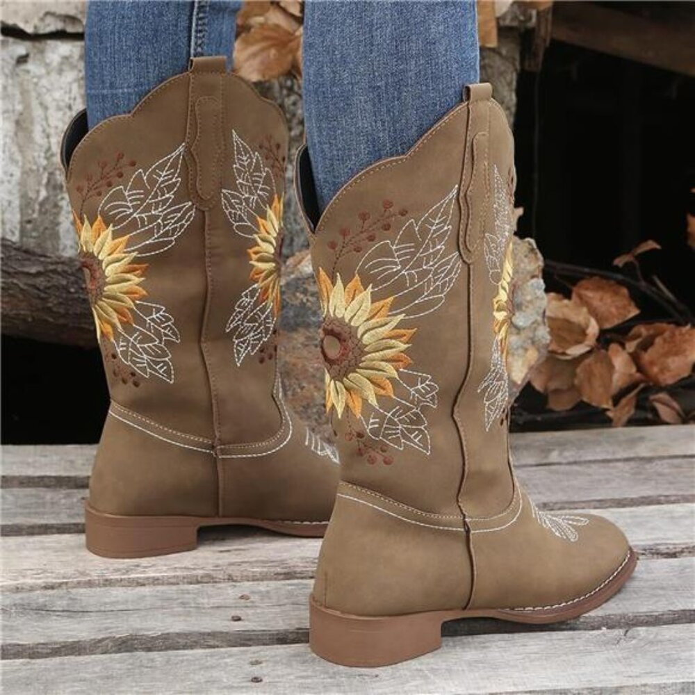 NEW Women's Sunflower Cowgirl Boots, Square Toe Western Embroidery Mid Calf - Picture 4 of 7